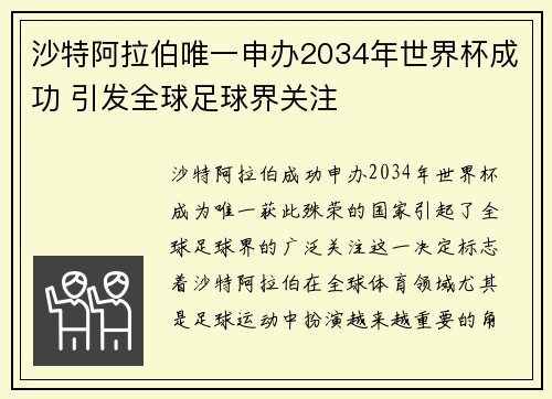 沙特阿拉伯唯一申办2034年世界杯成功 引发全球足球界关注 沙特阿拉伯唯一申办2034年世界杯成功 引发全球足球界关注